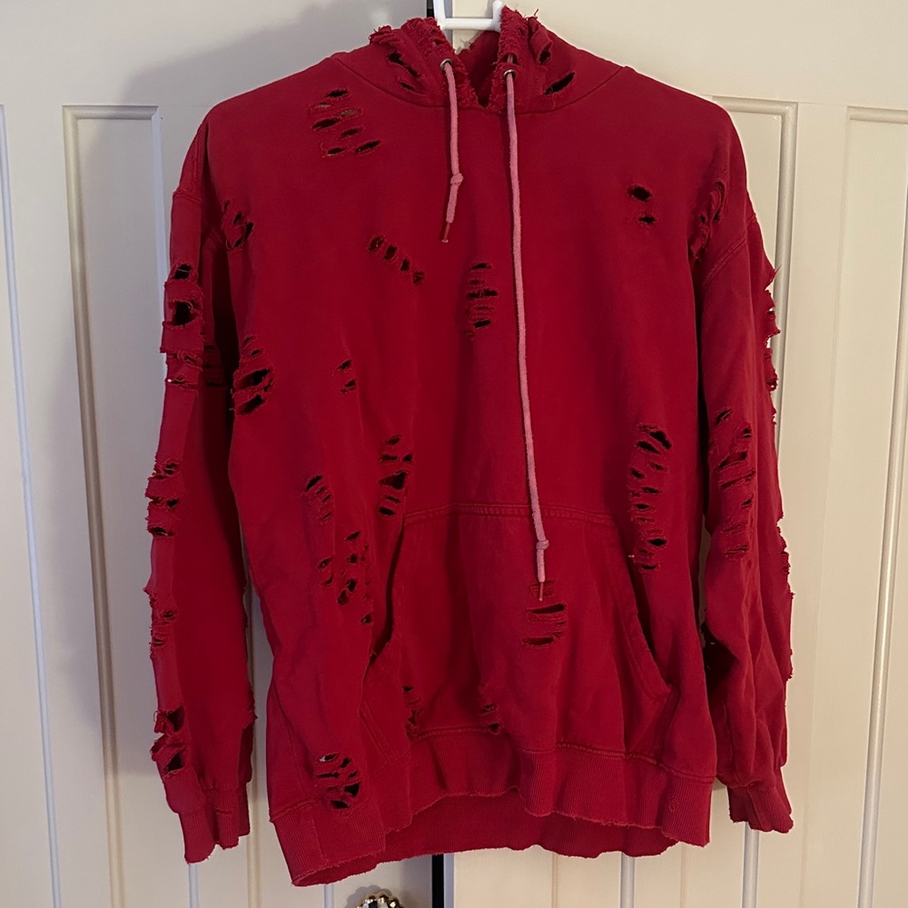 LF Hoodie- Emma & Sam Vibrant Red Distressed Hoodie